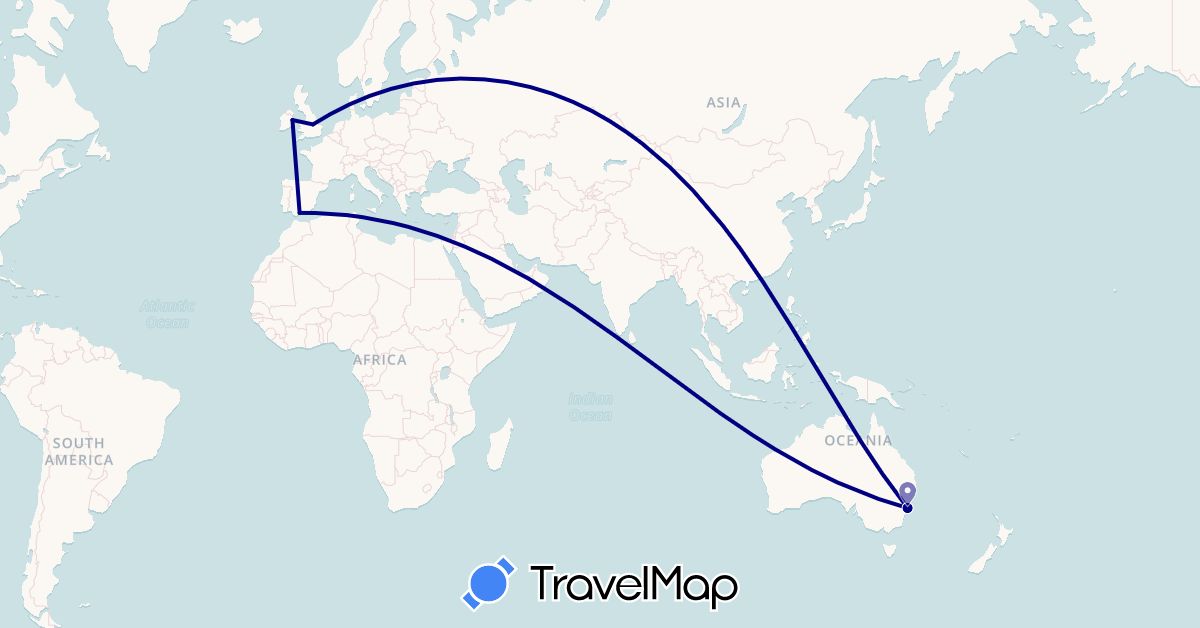 TravelMap itinerary: driving in Australia, Spain, United Kingdom, Ireland (Europe, Oceania)